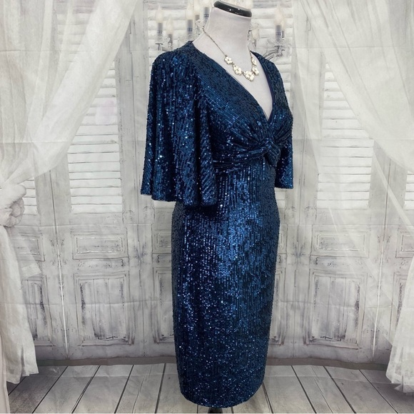 Adrianna Papell Sz 4 Blue Sequin Knee Dress V Neck Flutter Sleeve Sheath Formal - Picture 14 of 16